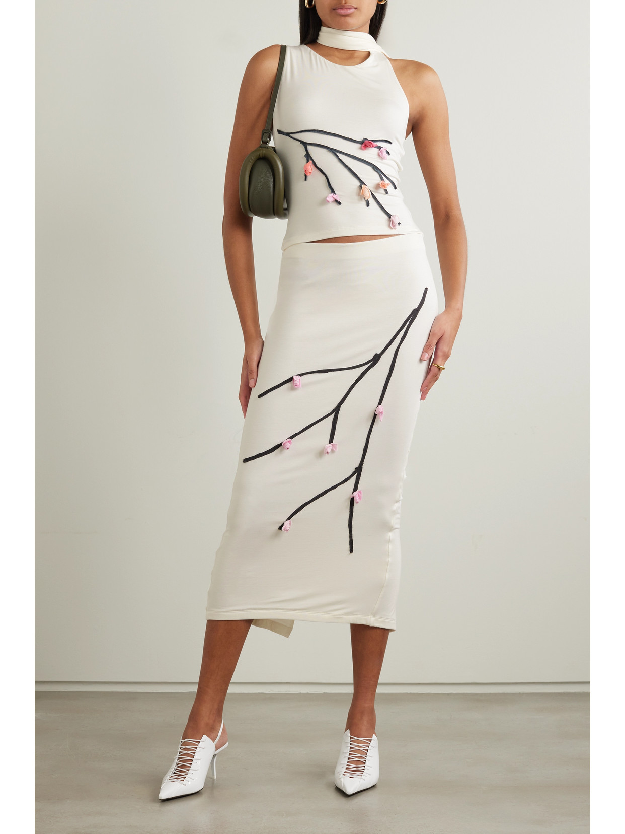 Shop Conner Ives Appliquéd Stretch-micro Modal Jersey Midi Skirt In White