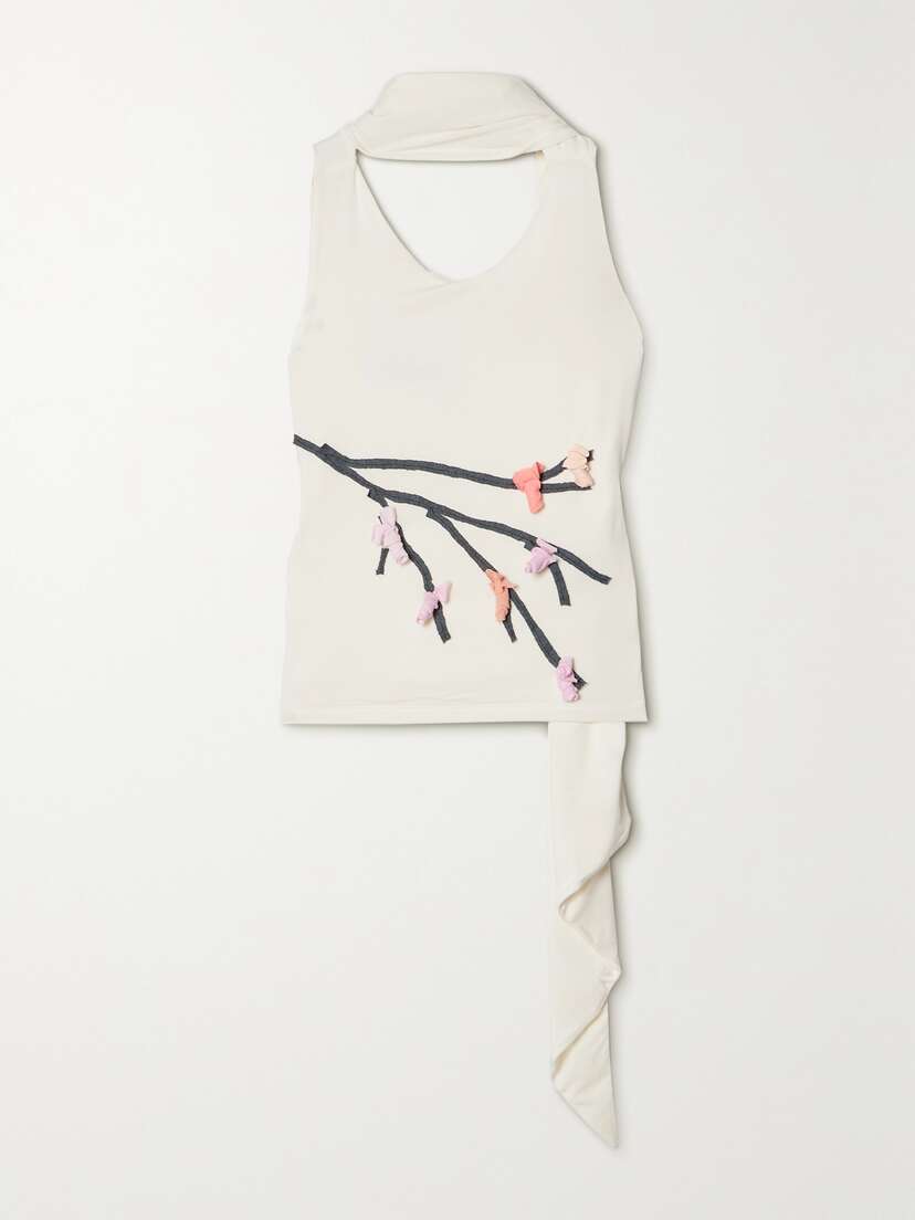 Conner Ives Tie-neck Appliquéd Stretch-micro Modal Jersey Tank