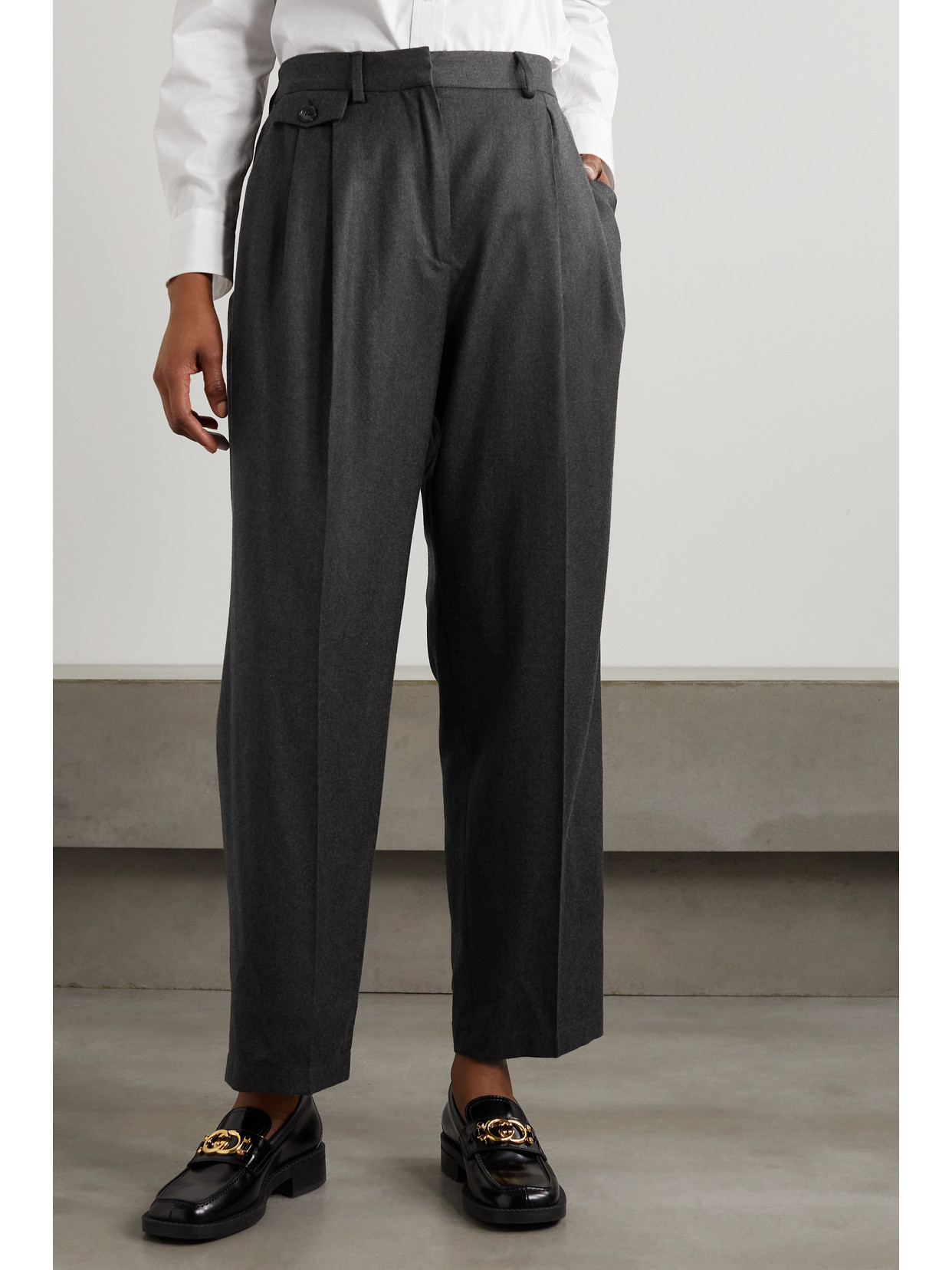 Shop Purdey Cropped Pleated Cotton-flannel Tapered Pants In Gray