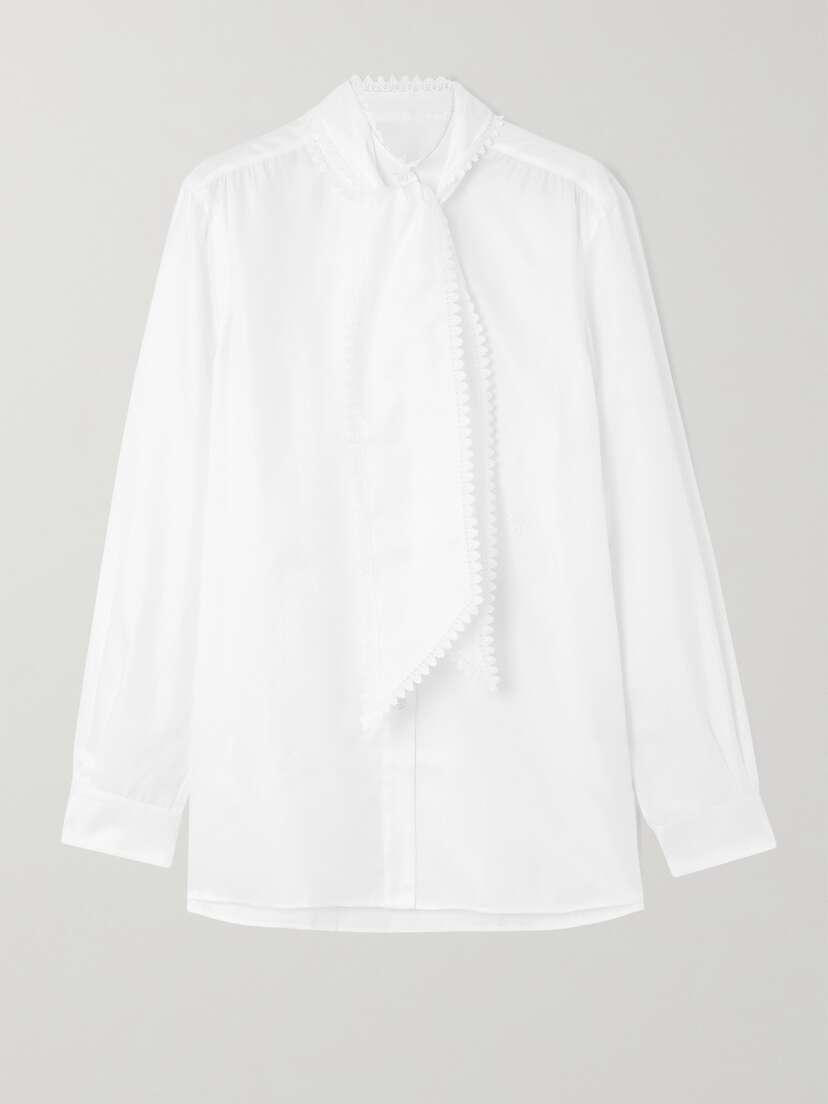 Purdey Tie-detailed Lace-trimmed Cotton-poplin Shirt - UK 6