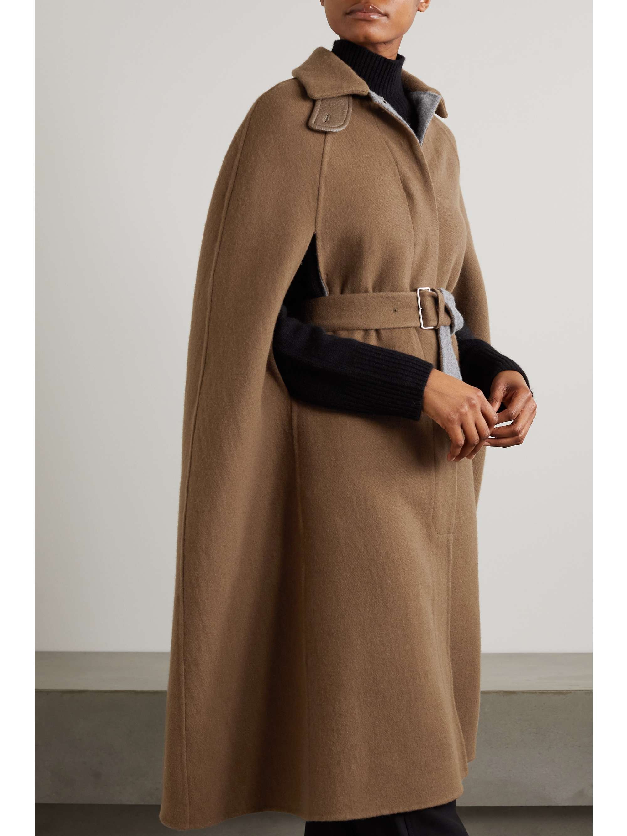 PURDEY ウール＆カシミヤ混 ケープ レザートリム ベルト付き