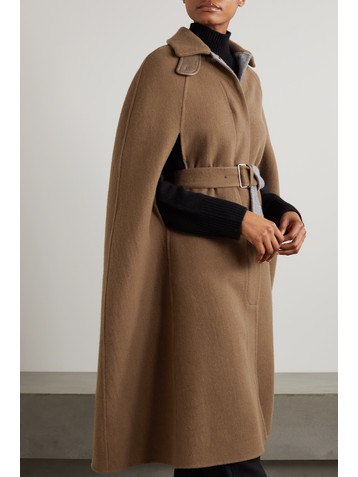 Purdey Belted leather-trimmed wool and cashmere-blend cape and scarf