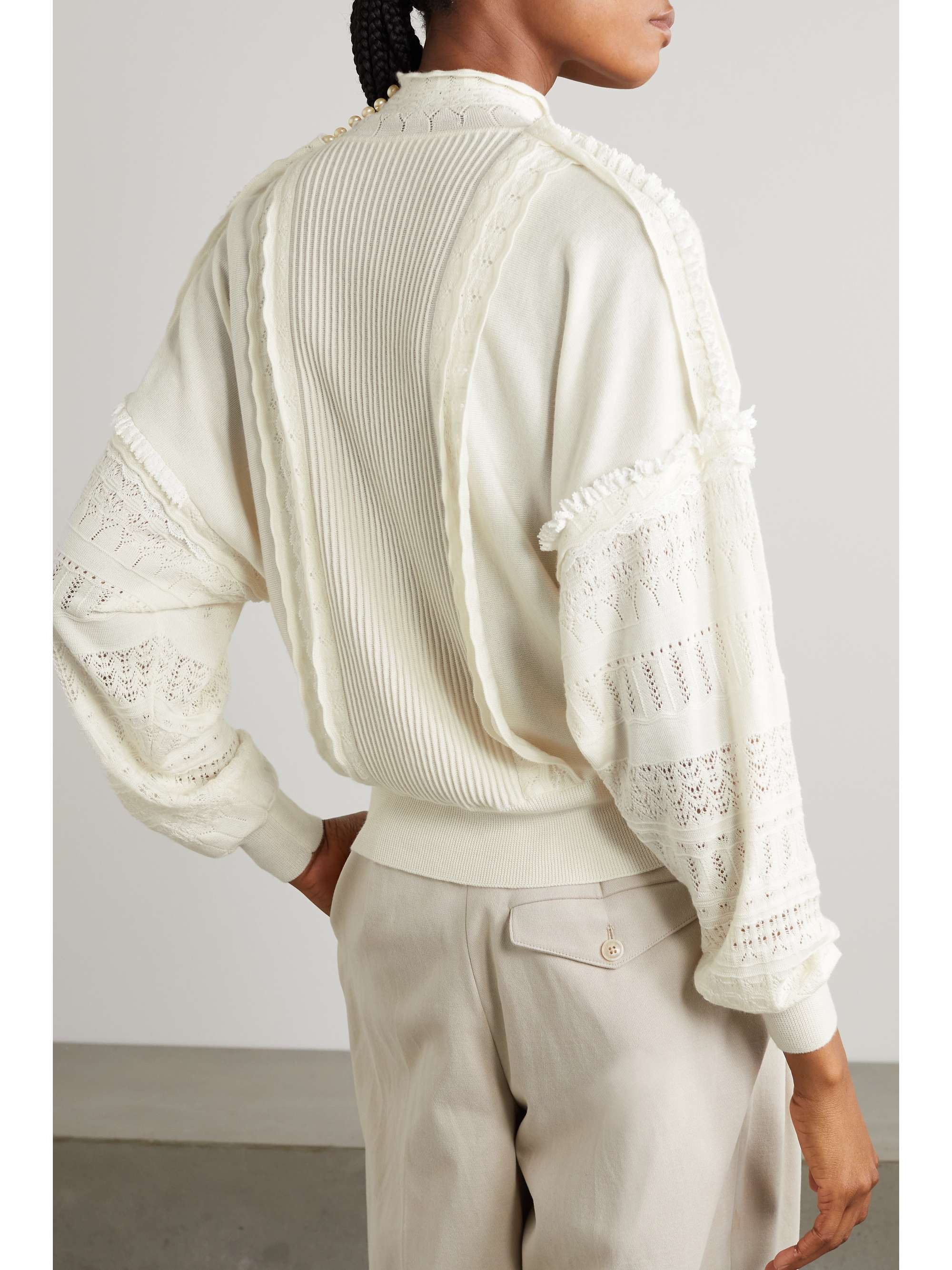 PURDEY Embellished lace-trimmed pointelle-knit cashmere sweater