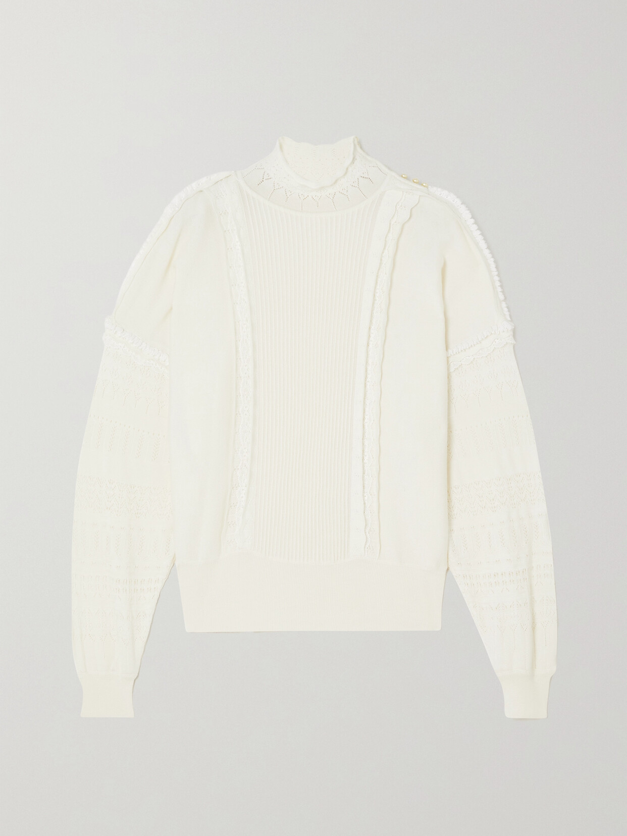 Purdey Embellished Lace-trimmed Pointelle-knit Cashmere Sweater In Ivory