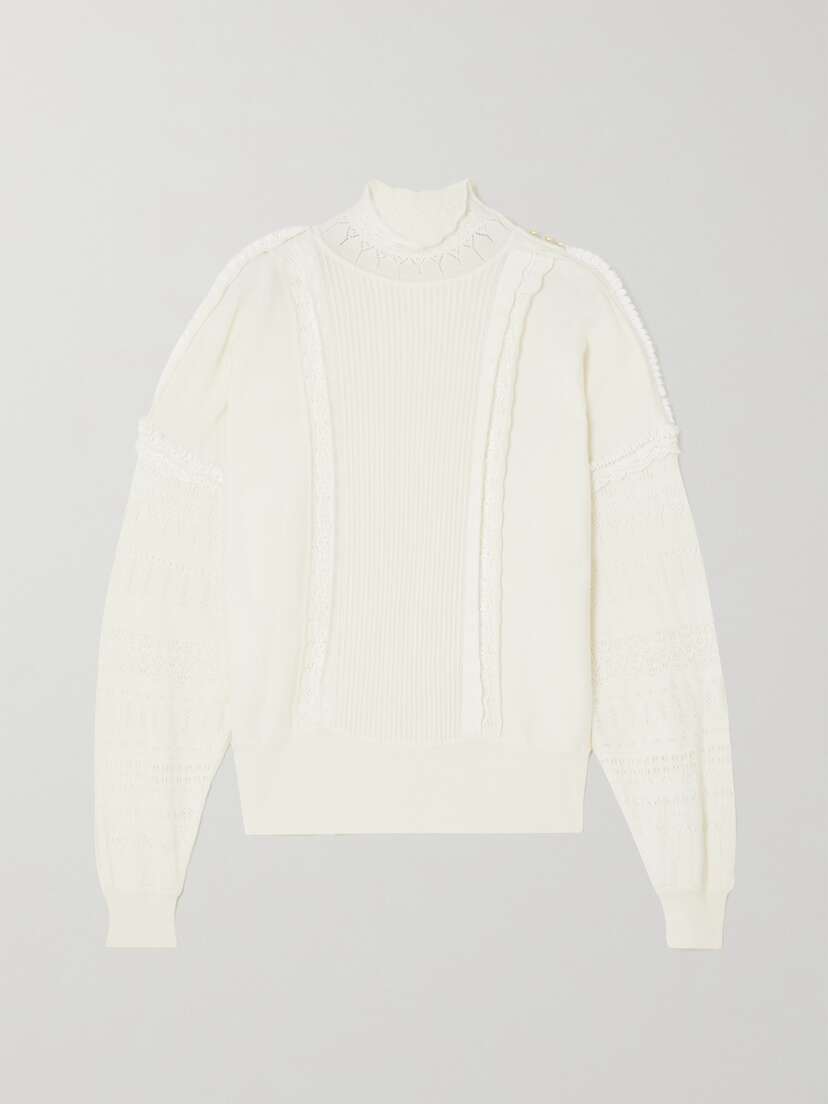 Purdey Embellished Lace-trimmed Pointelle-knit Cashmere Sweater