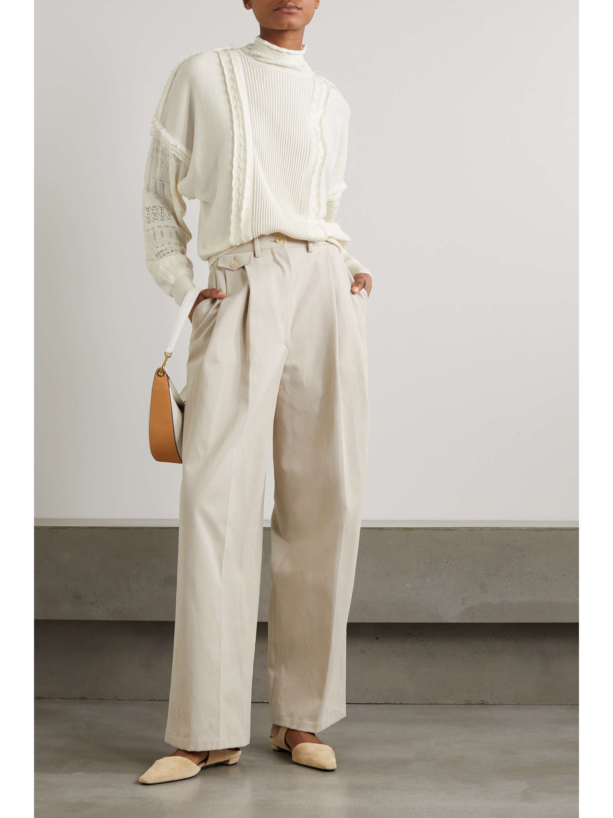 PURDEY Embellished lace-trimmed pointelle-knit cashmere sweater