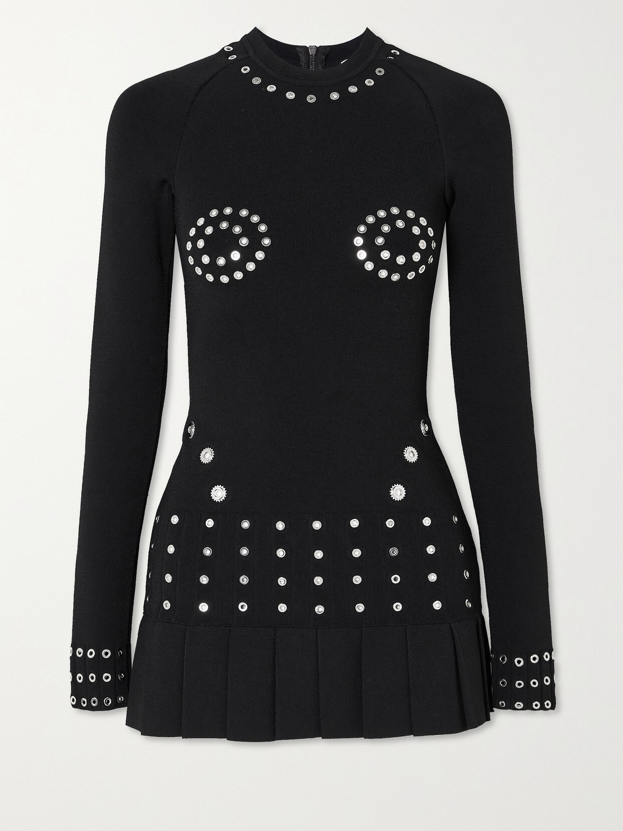 Off-White - Eyelet-embellished Pleated Ribbed-knit Mini Dress - Black