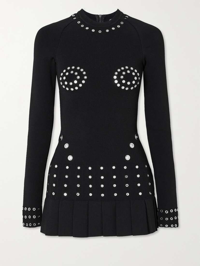 Off-White Eyelet-embellished Pleated Ribbed-knit Mini Dress
