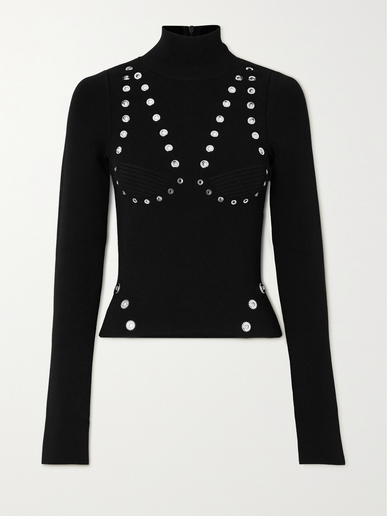 Shop Off-white Eyelet-embellished Stretch-knit Turtleneck Top In Black