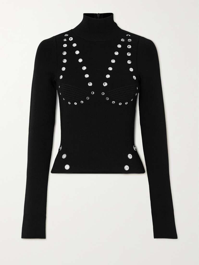 Off-White Eyelet-embellished Stretch-knit Turtleneck Top