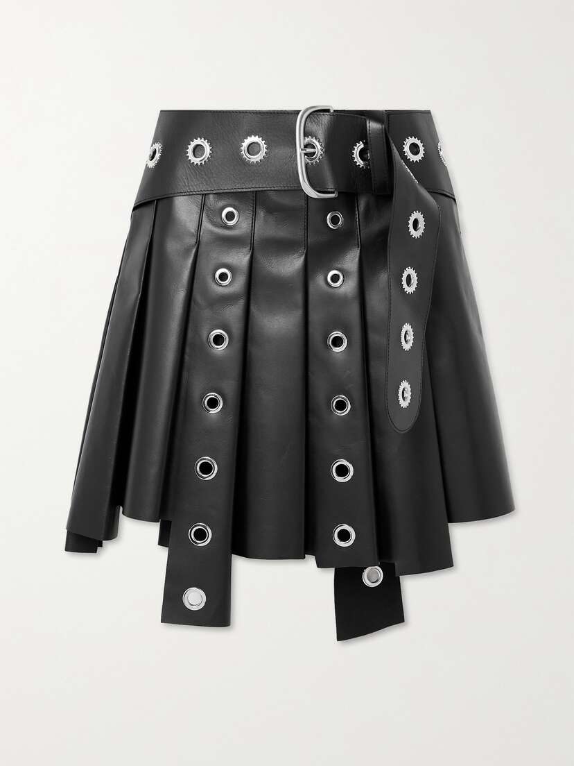 Off-White Asymmetric Belted Eyelet-embellished Pleated Leather Mini Skirt