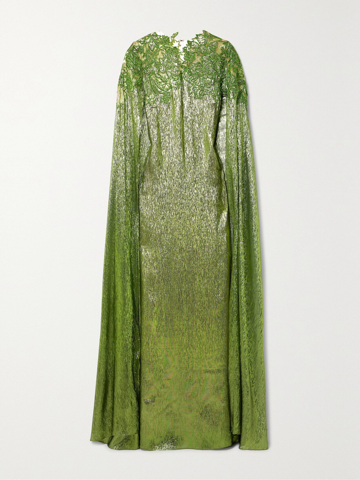 Oscar De La Renta Cape-effect Embellished Embroidered Tulle-trimmed Silk-blend Lamé Gown In Green