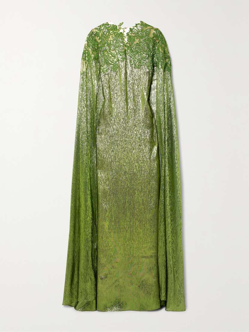 Oscar de la Renta Cape-effect Embellished Embroidered Tulle-trimmed Silk-blend Lamé Gown - x large