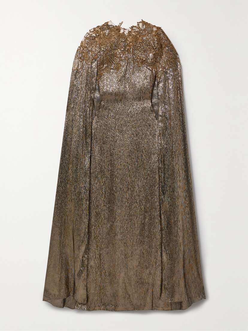 Oscar de la Renta Cape-effect Embellished Embroidered Tulle-trimmed Silk-blend Lamé Gown - x large