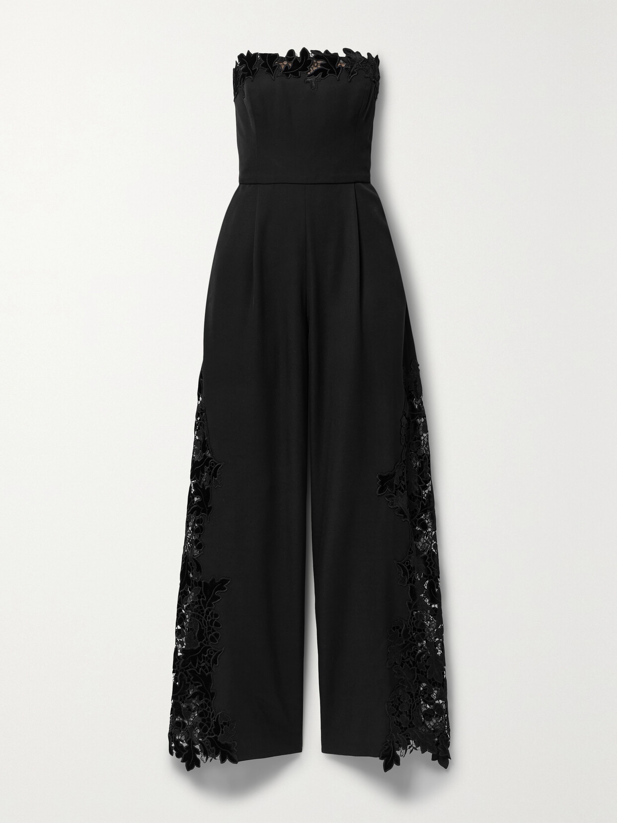 Oscar De La Renta Strapless Velvet Guipure Lace-trimmed Wool Jumpsuit In Black