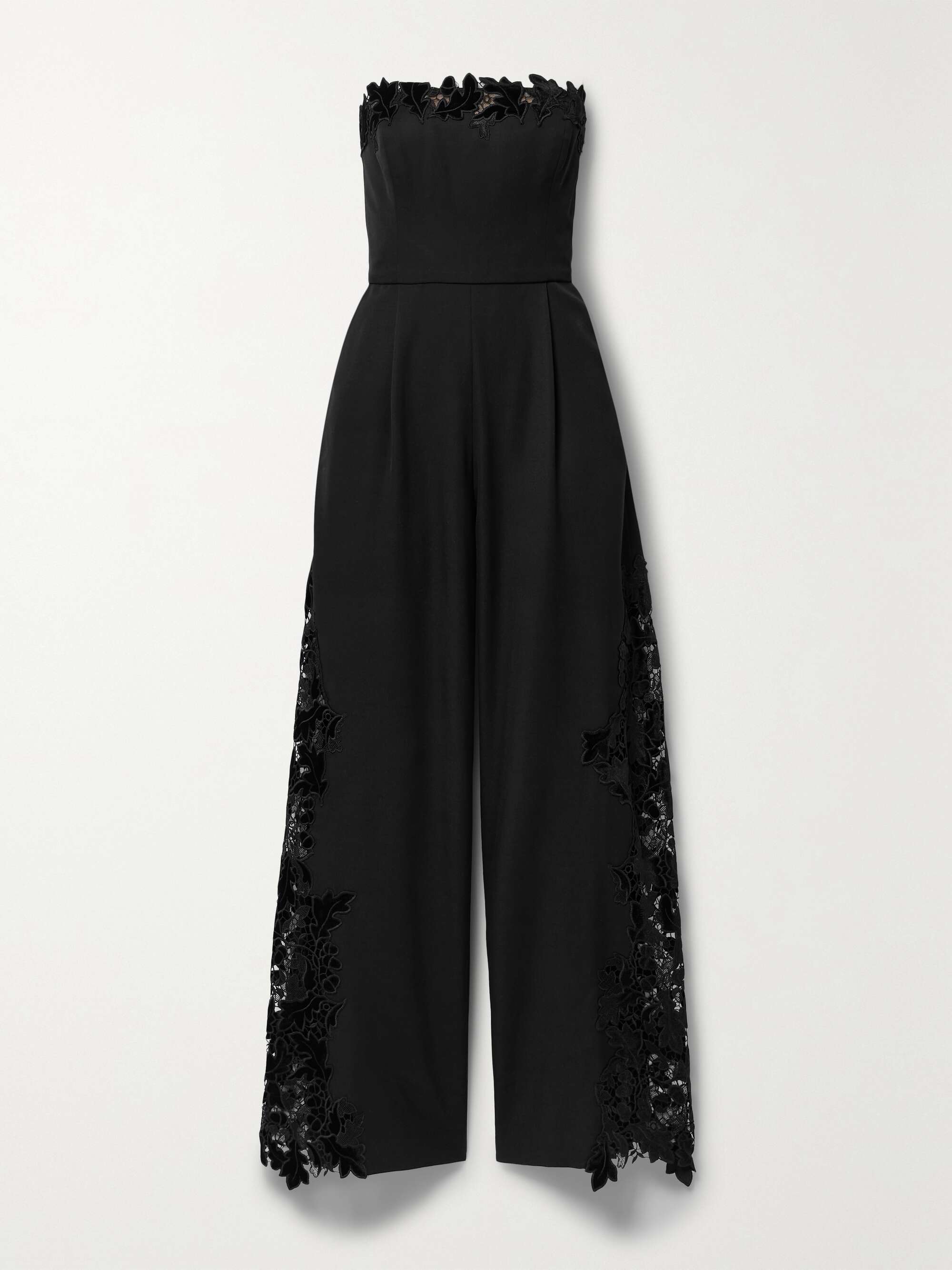 OSCAR DE LA RENTA Strapless velvet guipure lace-trimmed wool jumpsuit ...