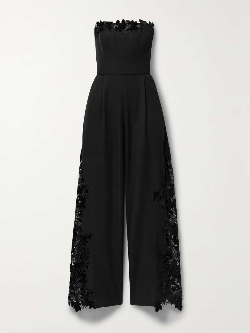 Oscar de la Renta Strapless Velvet Guipure Lace-trimmed Wool Jumpsuit