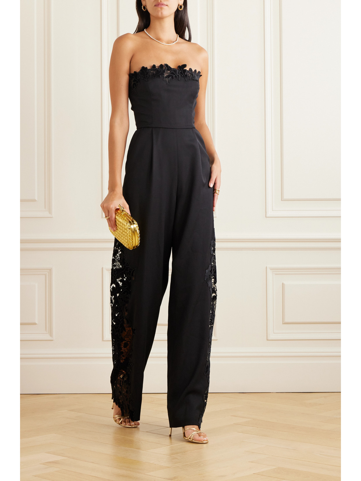 Shop Oscar De La Renta Strapless Velvet Guipure Lace-trimmed Wool Jumpsuit In Black