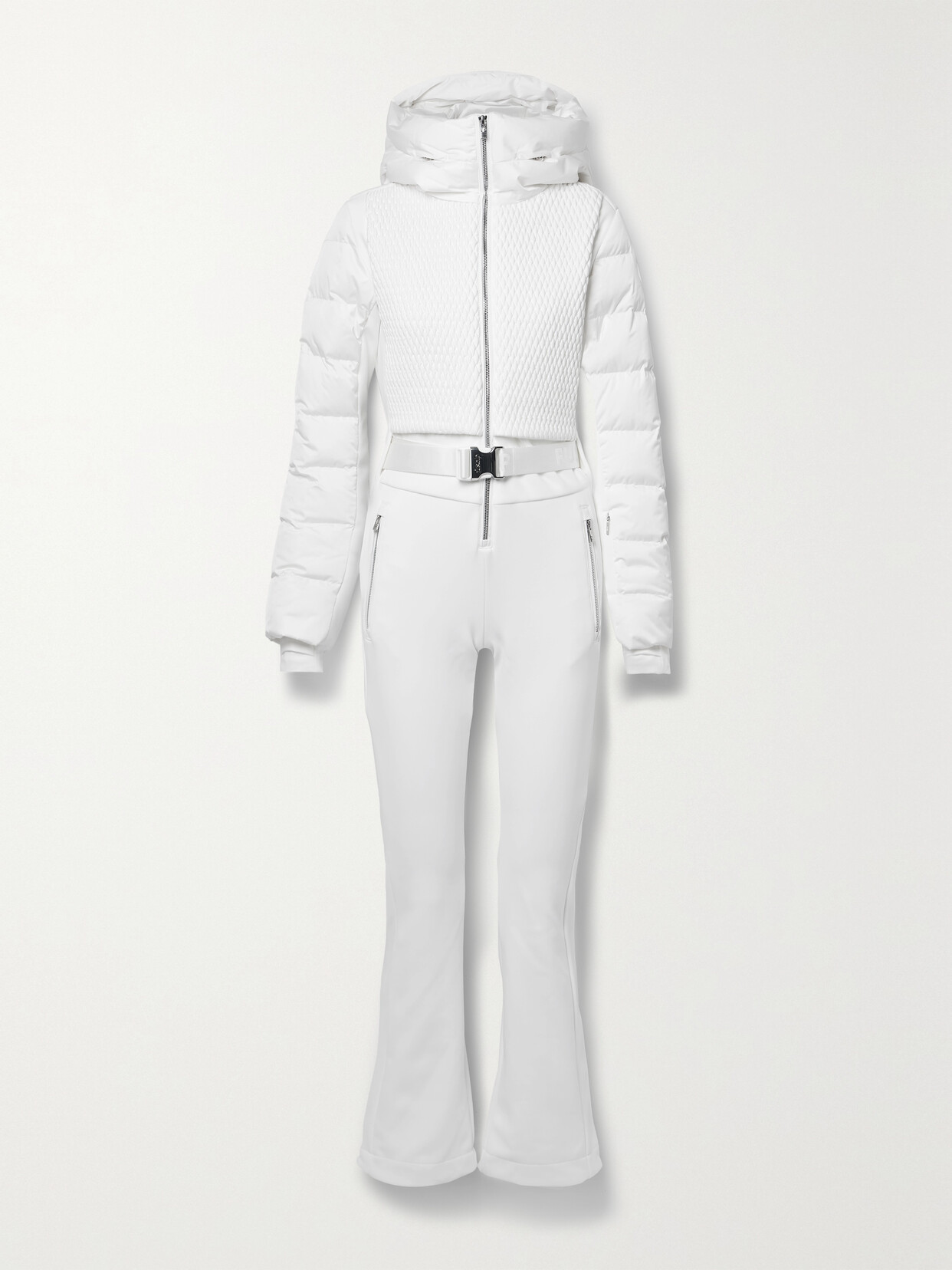Fusalp Marie Ii Hooded Belted Quilted Paneled Schoeller© Down Ski Suit - White