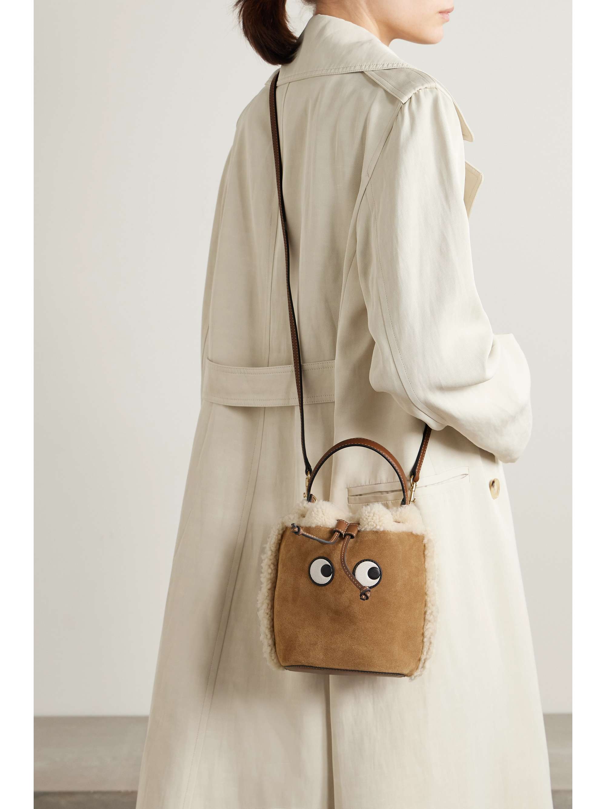 ANYA HINDMARCH Eyes leatherappliquéd shearling shoulder bag NETAPORTER