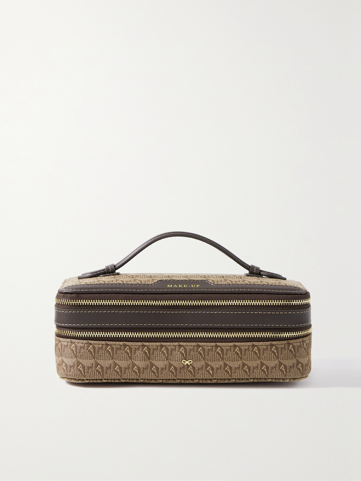 Anya Hindmarch Make-up Leather-trimmed Canvas-jacquard Cosmetic Bag In Brown