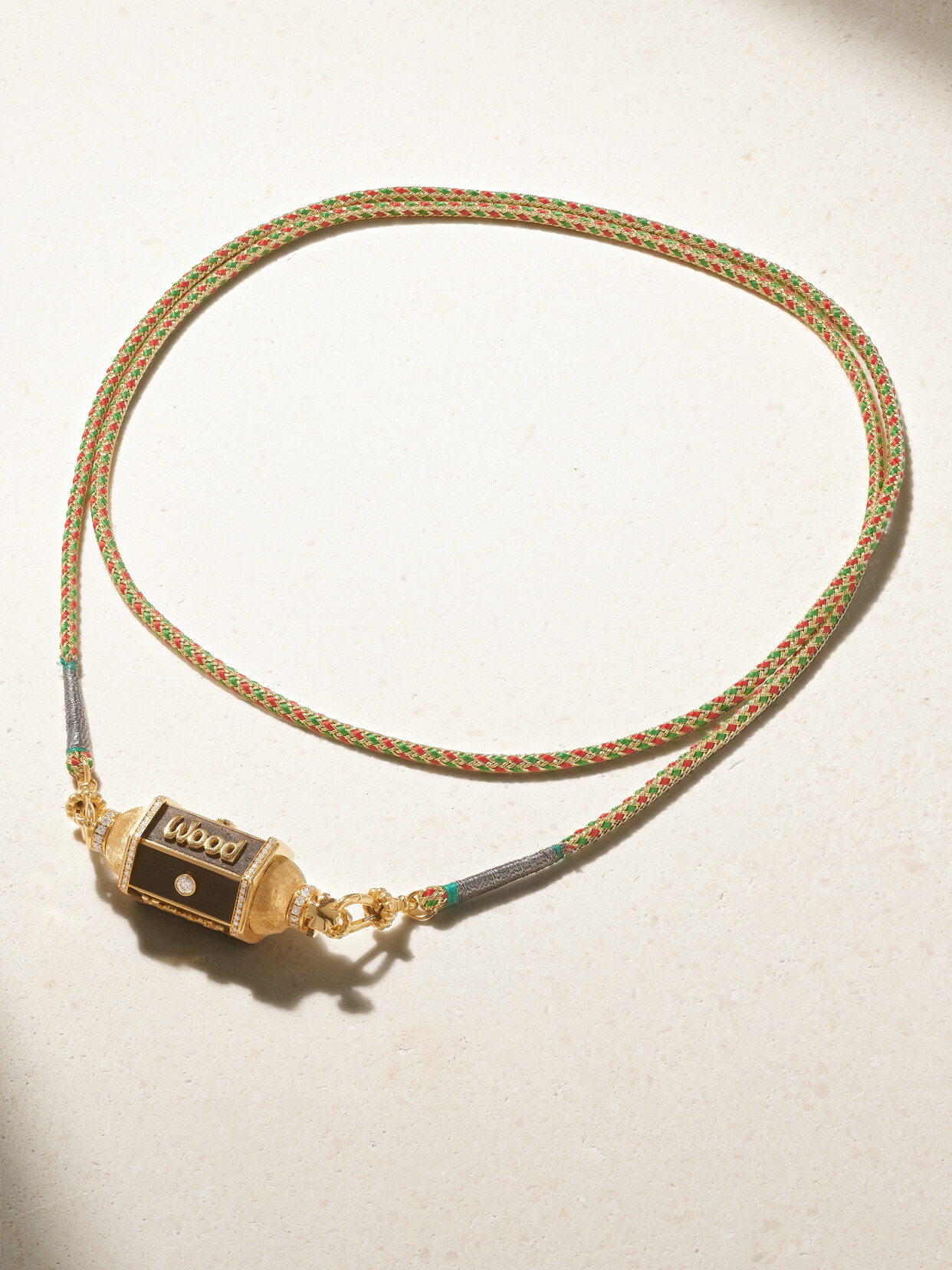 MARIE LICHTENBERG KNOCK ON WOOD 18-KARAT GOLD, DIAMOND, WOOD AND CORD NECKLACE
