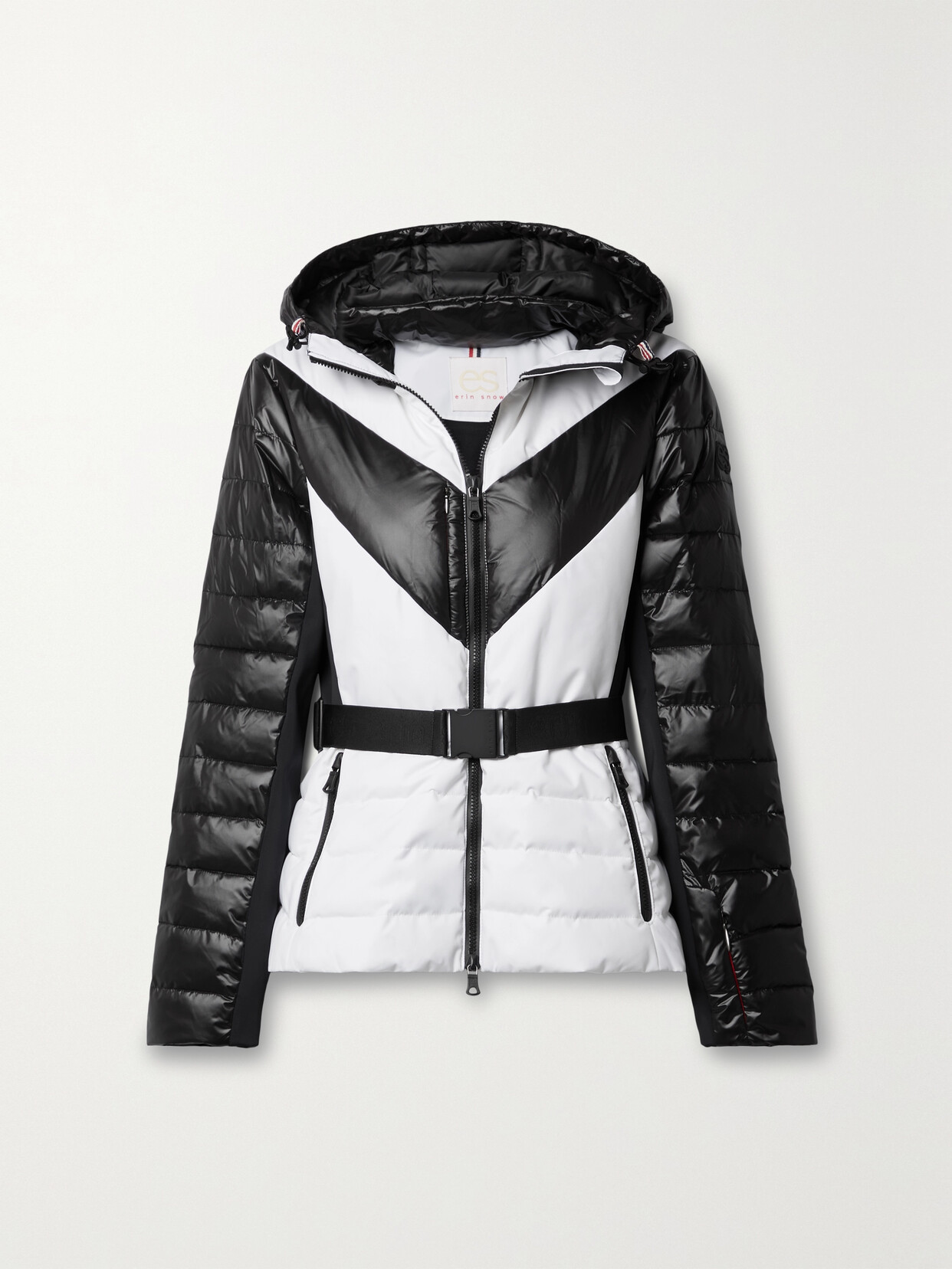 Erin Snow - Kat Hooded Belted Striped Recycled Eco Sporty Ski Jacket - White