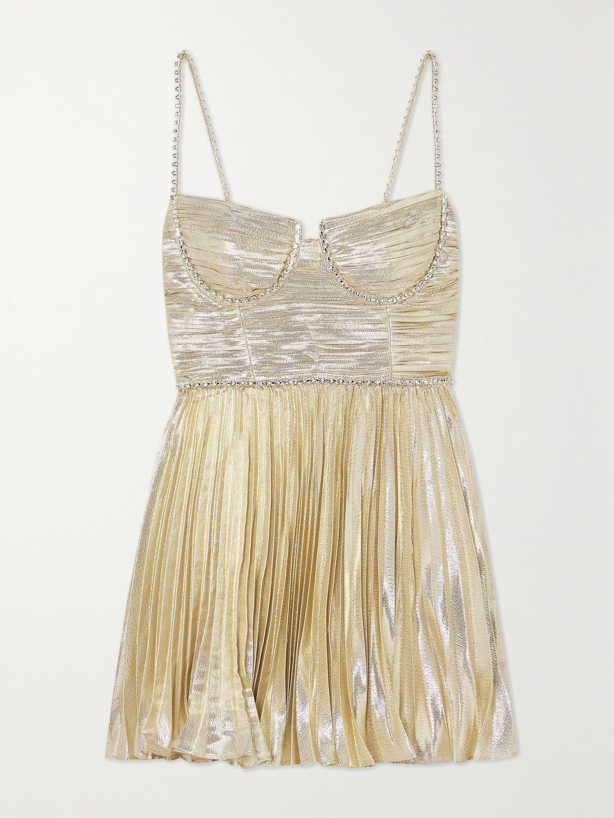 Self-portrait Crystal-embellished Plissé-lamé Mini Dress In Gold