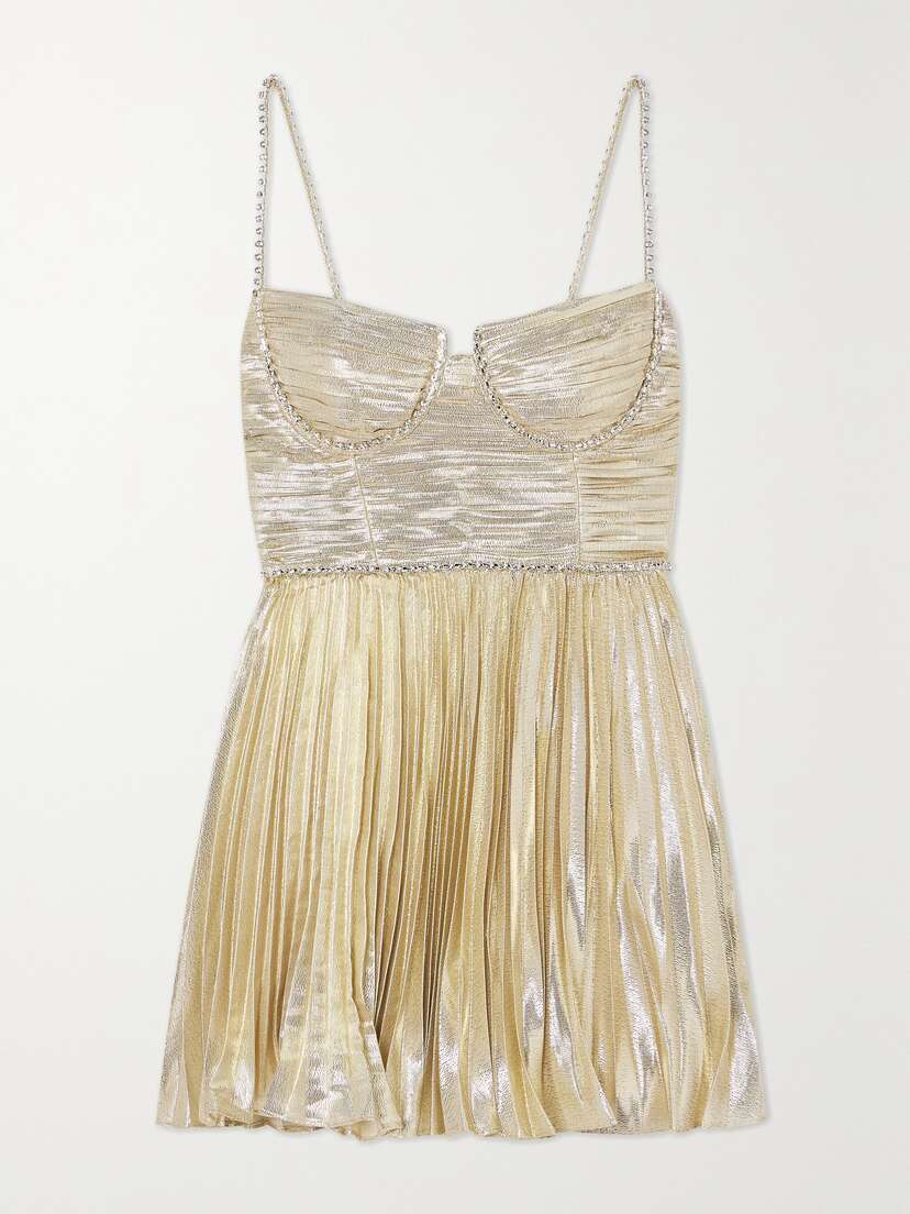 Self-Portrait Crystal-embellished Plissé-lamé Mini Dress