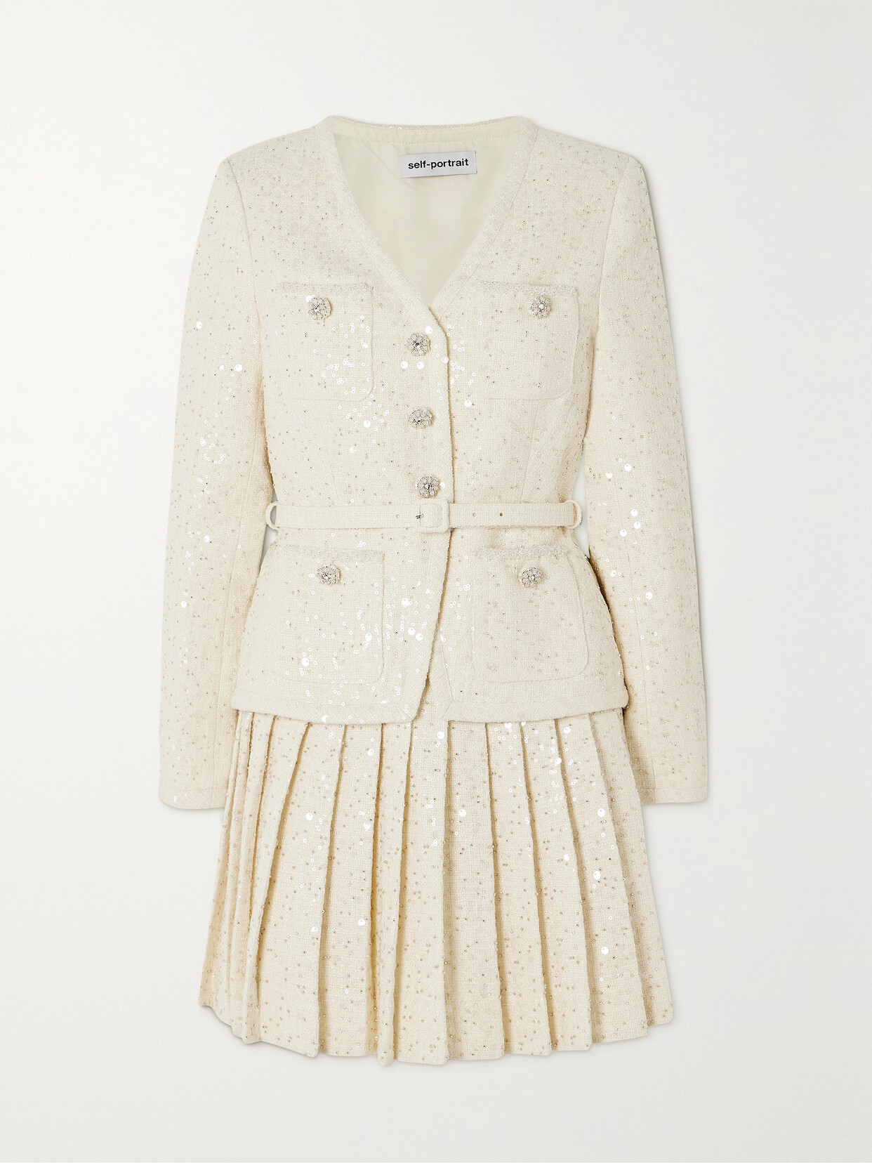 Self-Portrait - Belted Embellished Bouclé Mini Dress - White