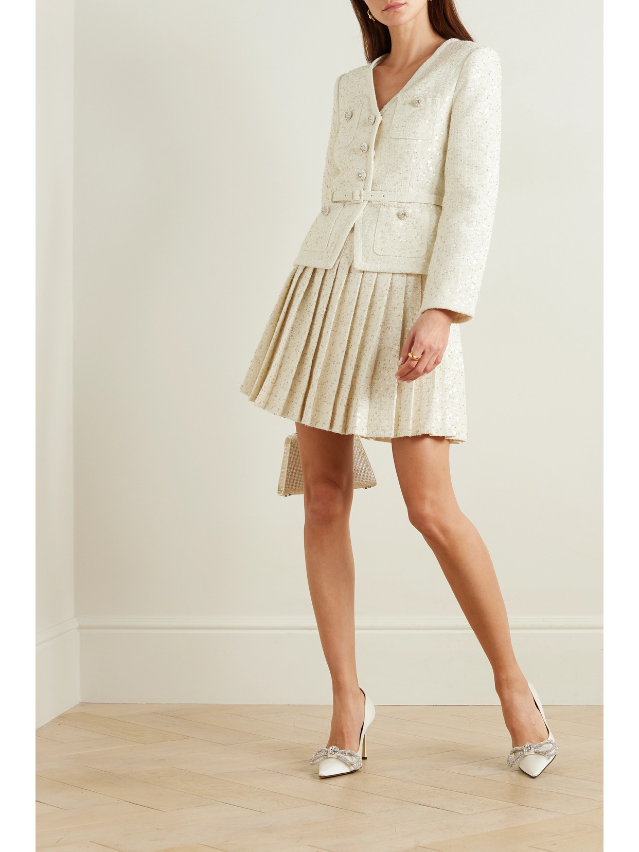 Shop Self-portrait Belted Embellished Bouclé Mini Dress In White