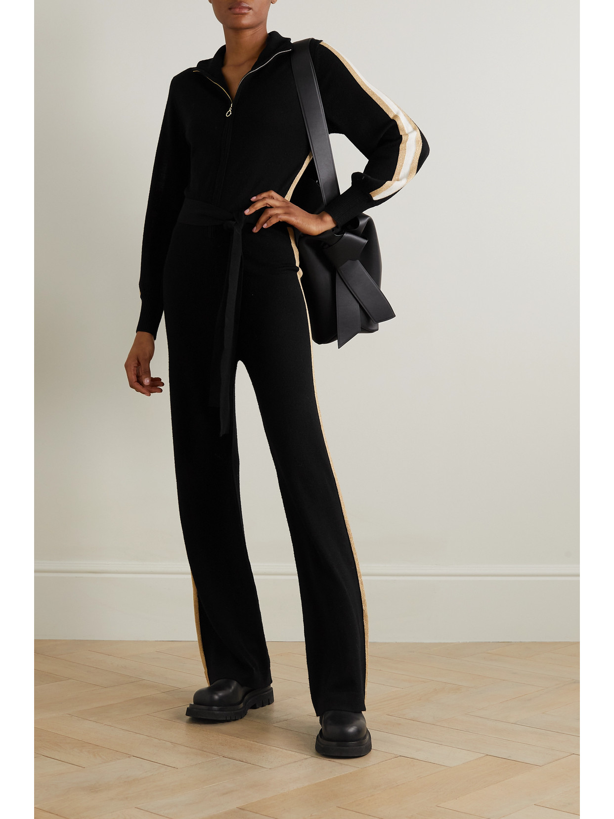 Shop We Norwegians Gelio Belted Merino Wool And Lurex Jumpsuit In Black