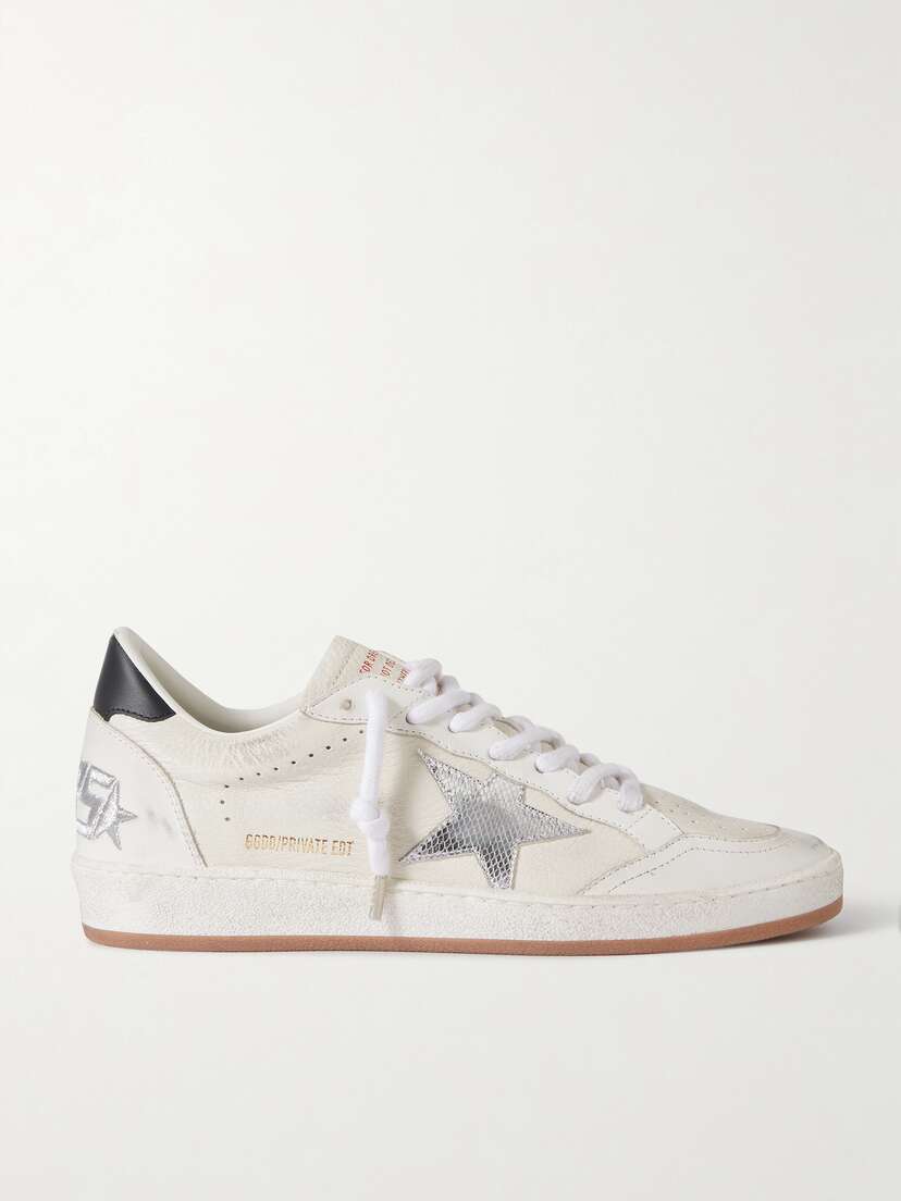 Golden Goose Ball Star Distressed Metallic-trimmed Leather Sneakers
