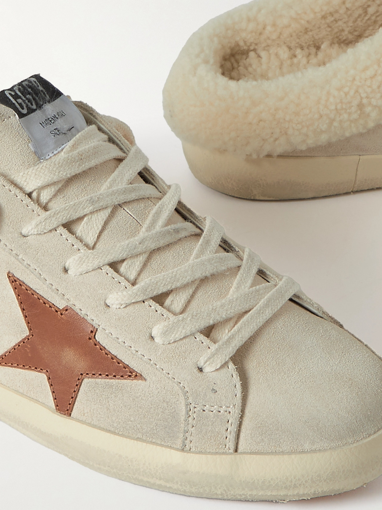 Shop Golden Goose Super-star Sabot Shearling-lined Distressed Leather-trimmed Suede Slip-on Sneakers In Neutrals