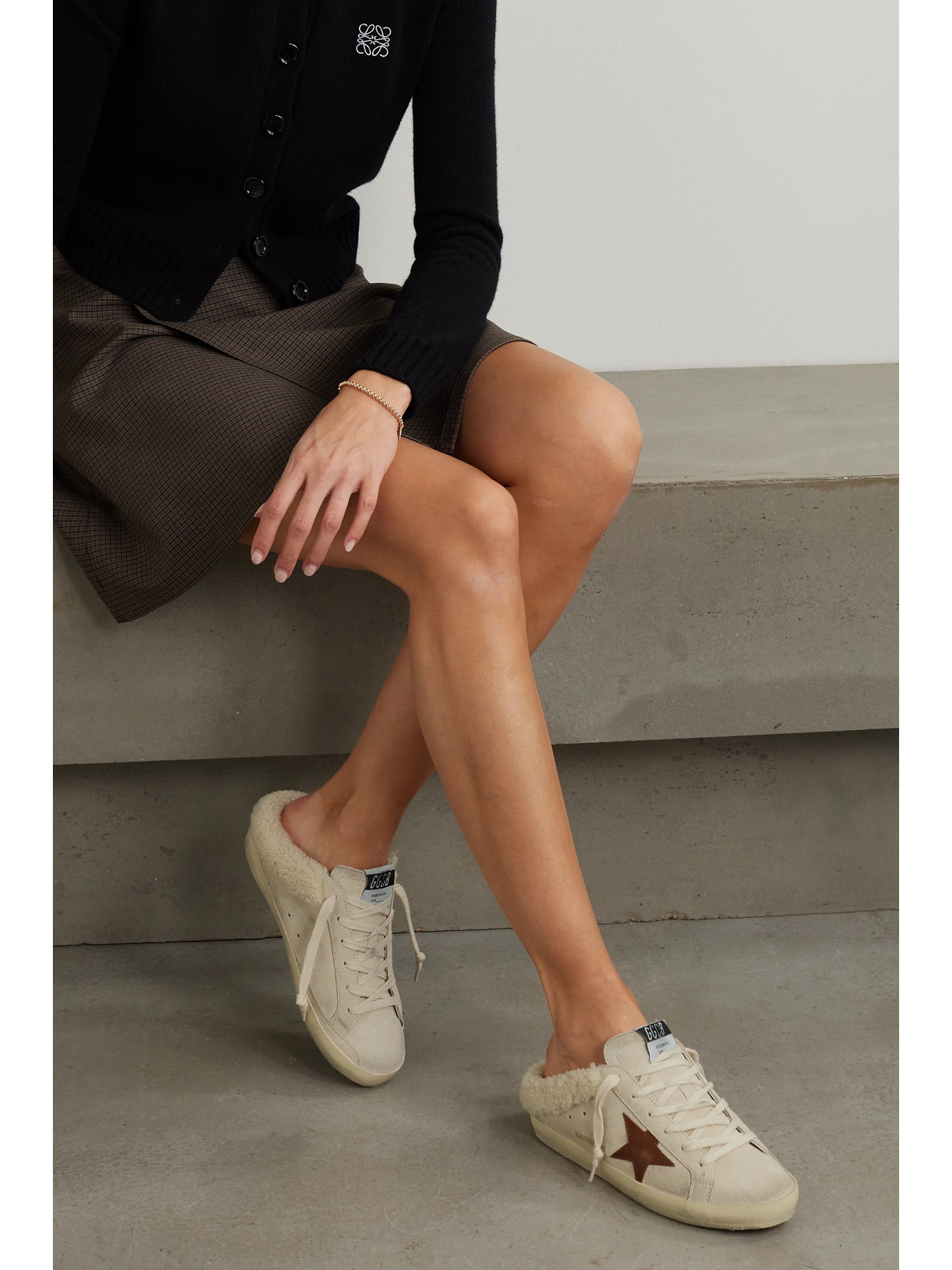 Shop Golden Goose Super-star Sabot Shearling-lined Distressed Leather-trimmed Suede Slip-on Sneakers In Neutrals