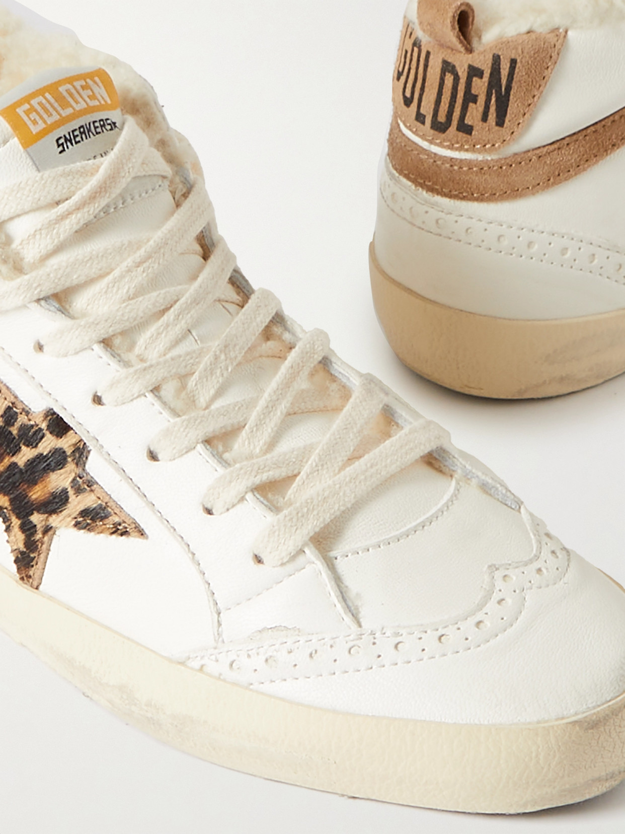 Shop Golden Goose Mid Star Shearling-lined Distressed Leopard-print Calf Hair, Suede And Leather Sneakers In Cream