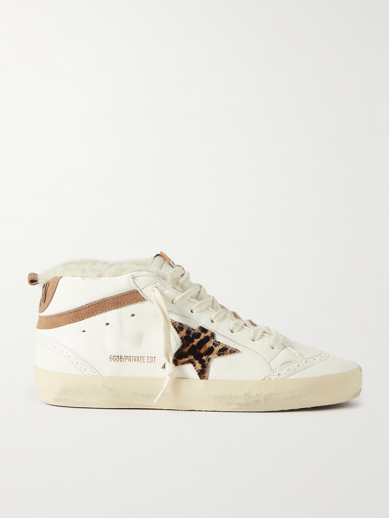 Golden Goose Mid Star Shearling-lined Distressed Leopard-print Calf Hair, Suede And Leather Sneakers In Cream