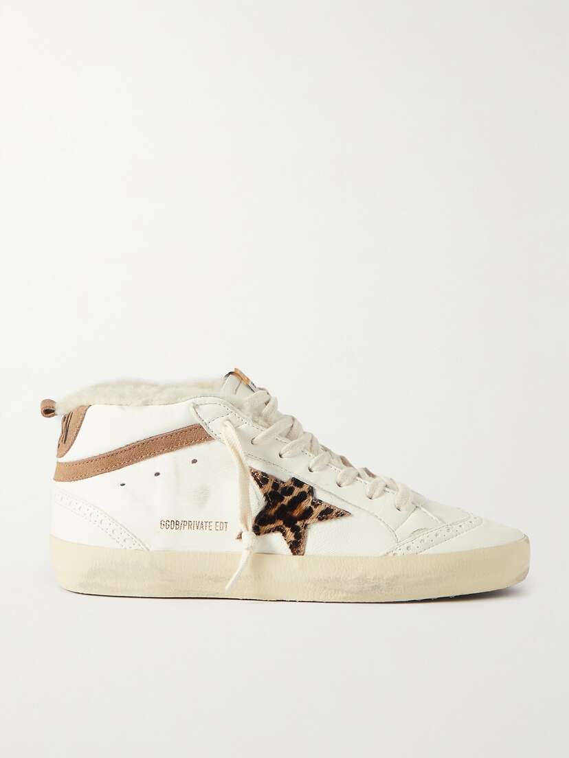 Golden Goose Mid Star Shearling-lined Distressed Leopard-print Calf Hair, Suede And Leather Sneakers