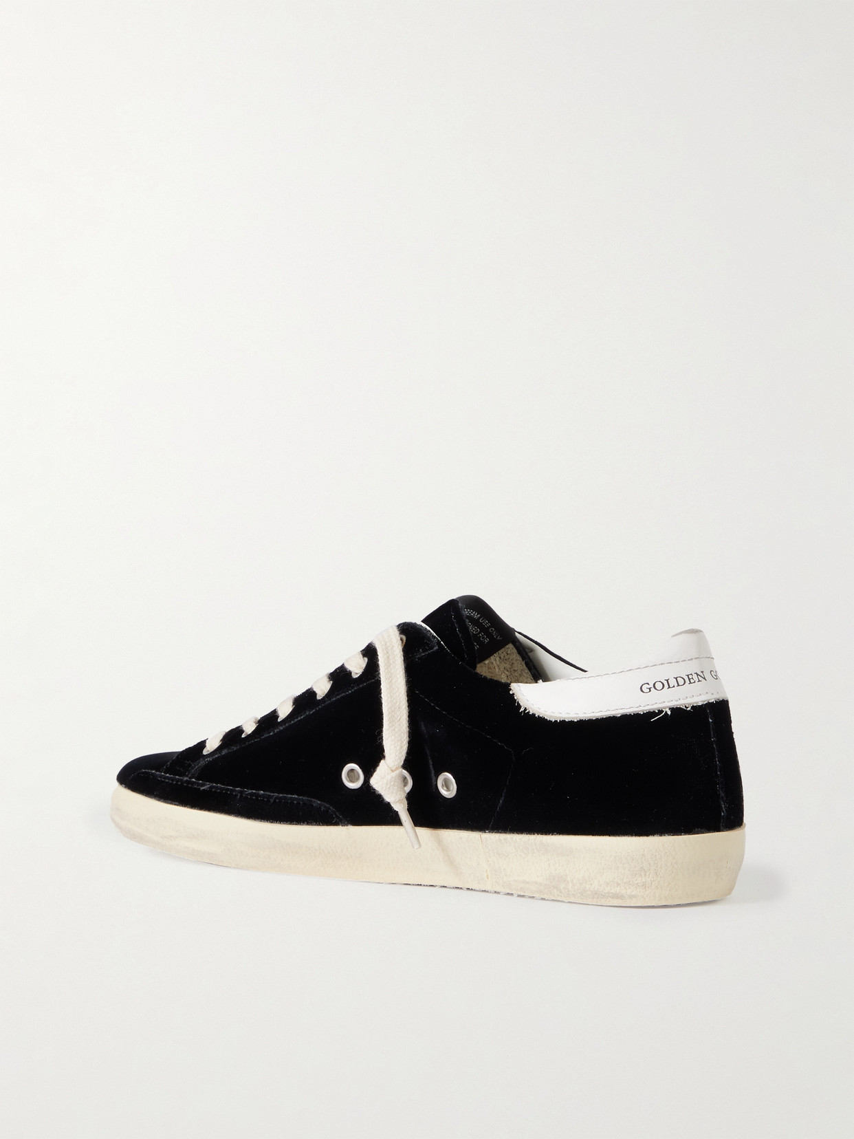 Shop Golden Goose Super-star Eyelet-embellished Distressed Glittered Leather And Velvet Sneakers In Black