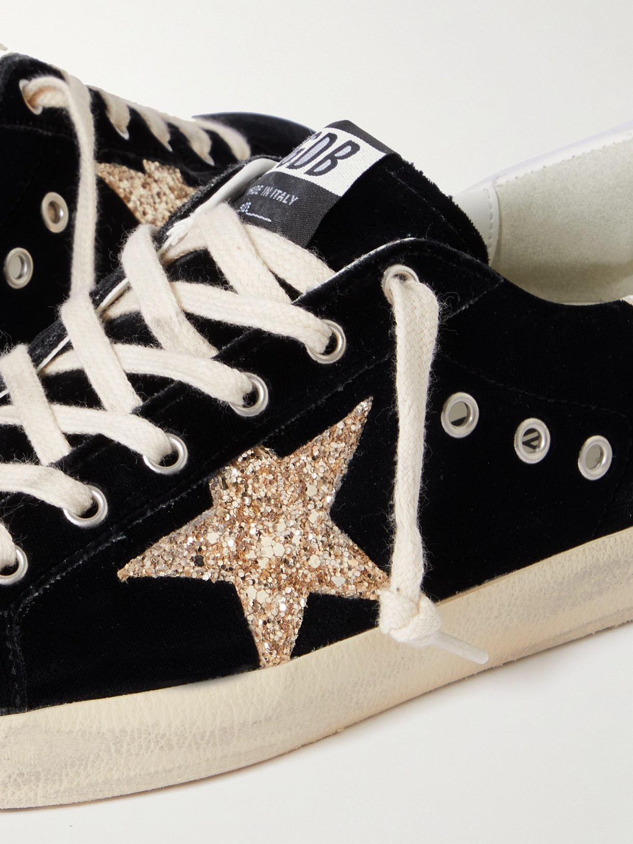 Shop Golden Goose Super-star Eyelet-embellished Distressed Glittered Leather And Velvet Sneakers In Black