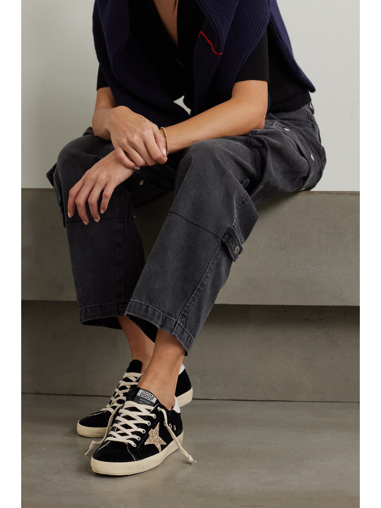 Shop Golden Goose Super-star Eyelet-embellished Distressed Glittered Leather And Velvet Sneakers In Black