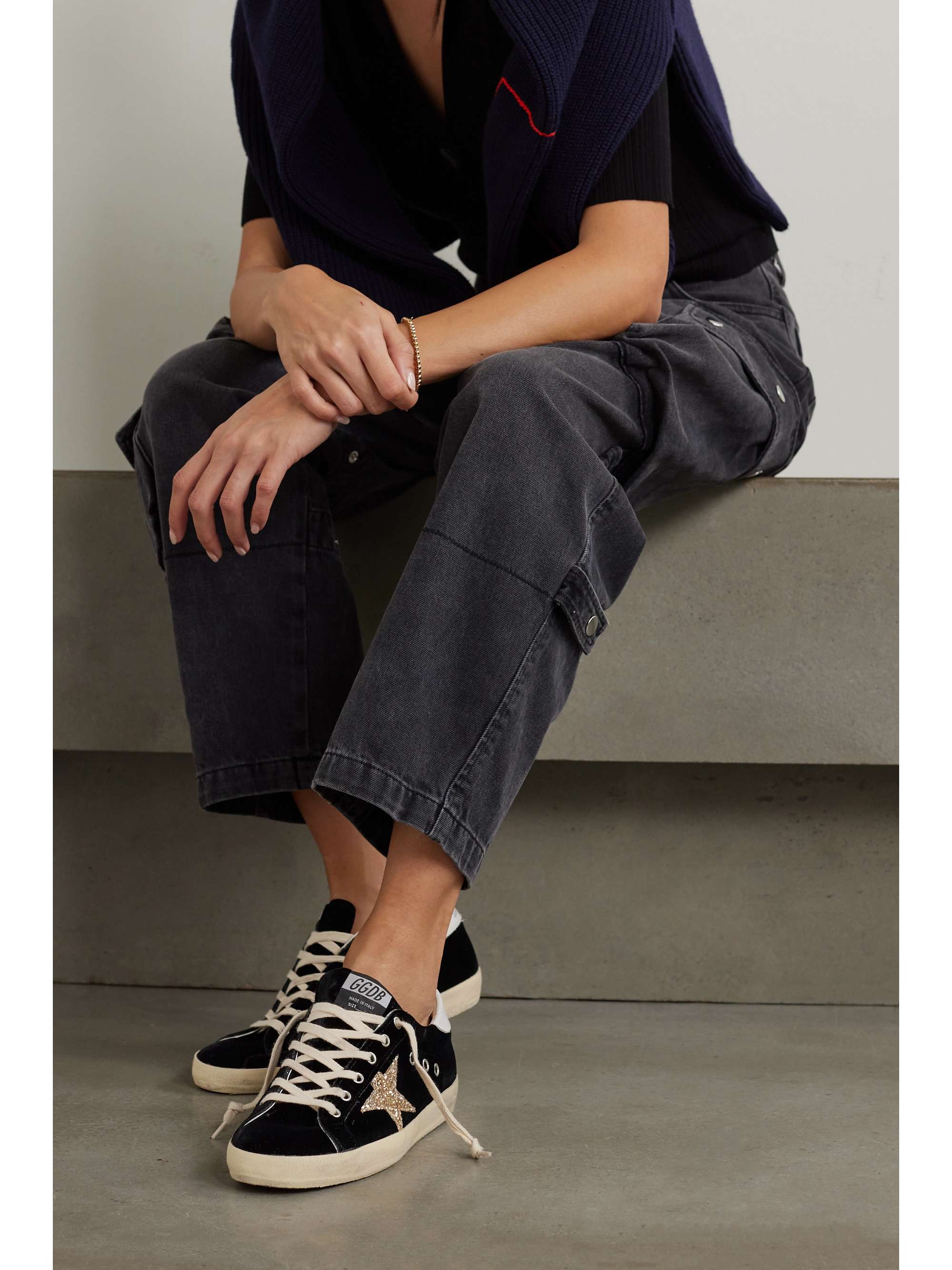 GOLDEN GOOSE Super-Star eyelet-embellished distressed glittered leather and  velvet sneakers | NET-A-PORTER