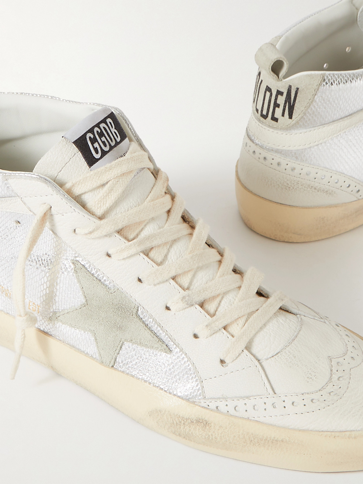 Golden Goose Mid Star Distressed Suede-trimmed Metallic Snake-effect Leather Sneakers In Silver