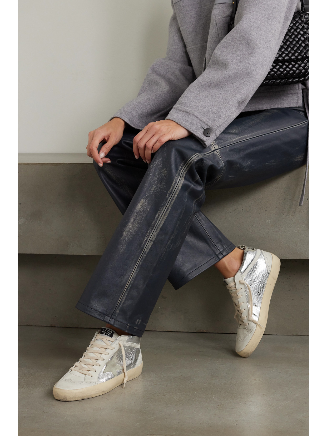 Golden Goose Mid Star Distressed Suede-trimmed Metallic Snake-effect Leather Sneakers In Silver
