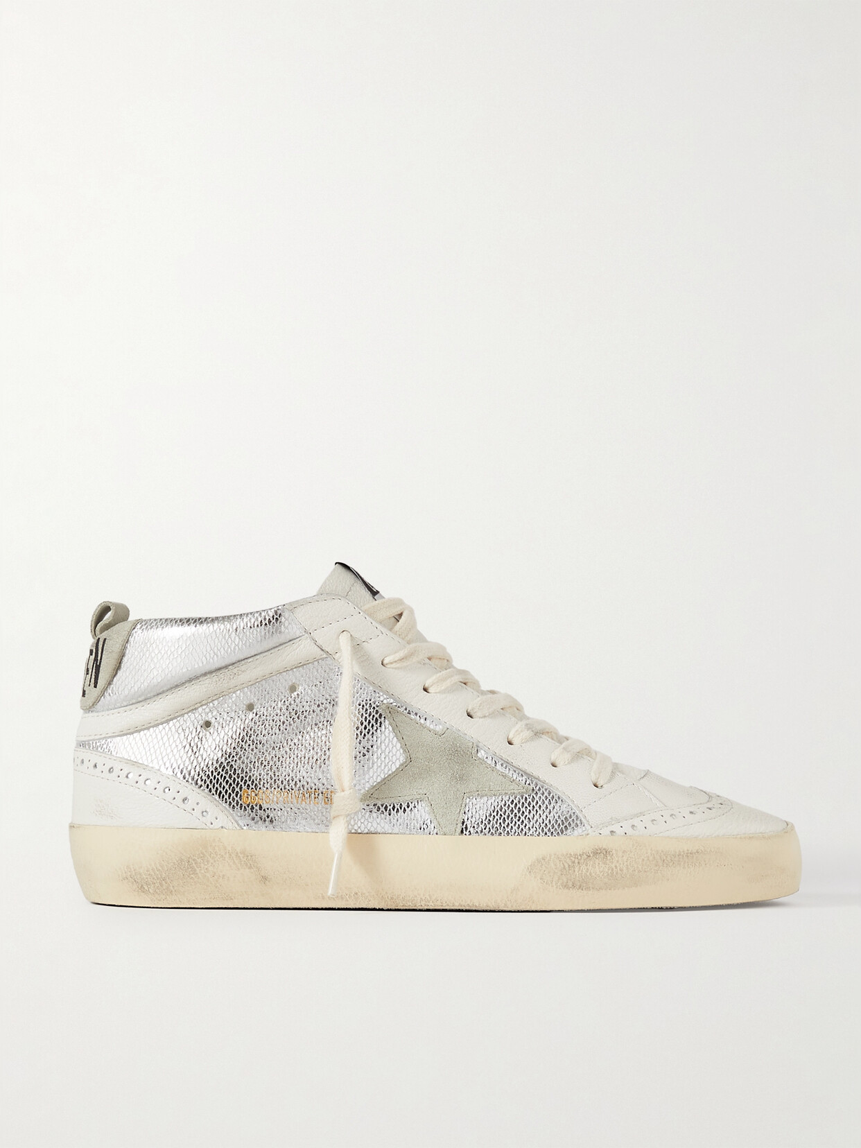 Golden Goose Mid Star Distressed Suede-trimmed Metallic Snake-effect Leather Sneakers In Silver