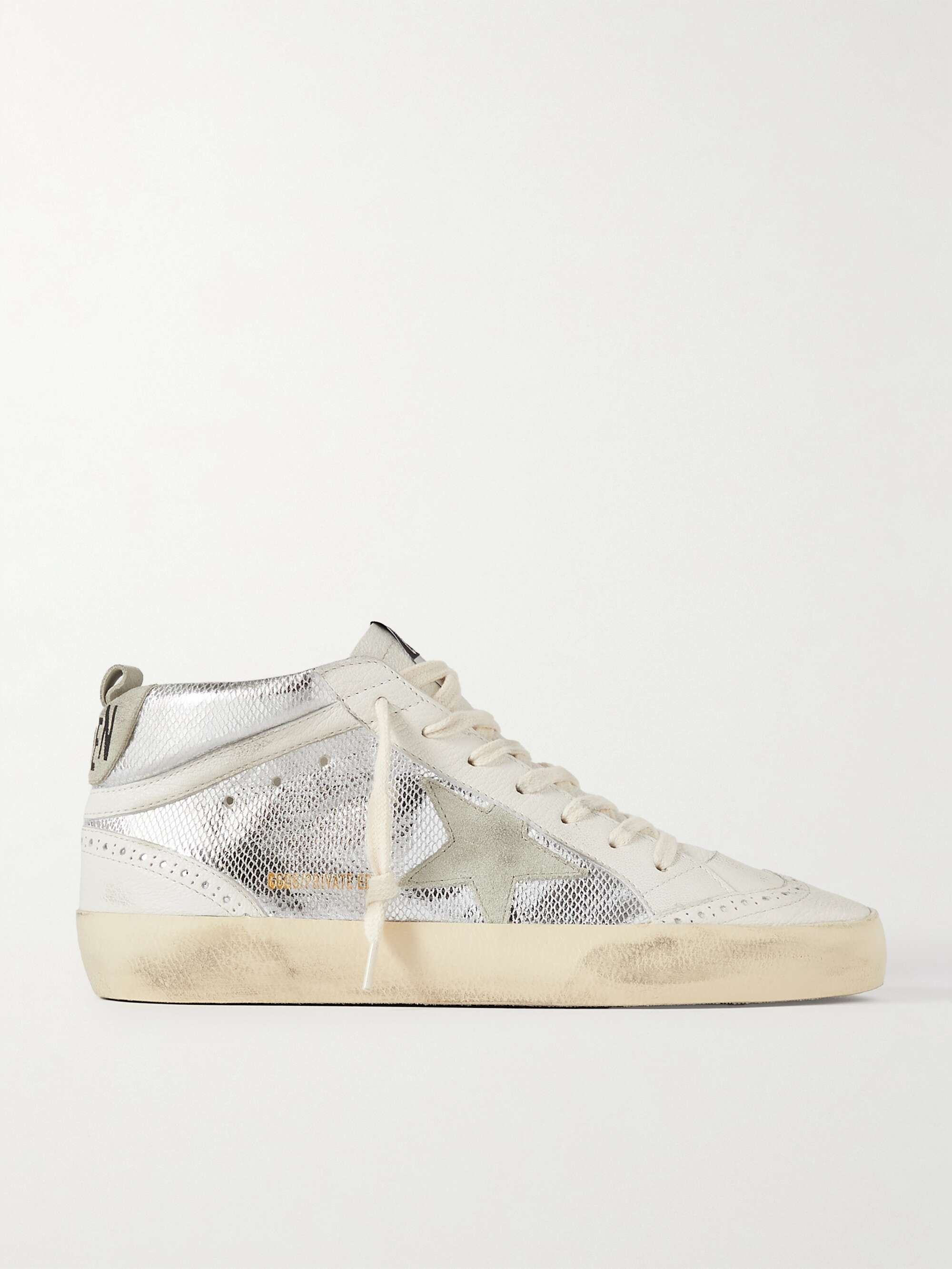 GOLDEN GOOSE Mid Star distressed suede-trimmed metallic snake-effect leather  sneakers | NET-A-PORTER