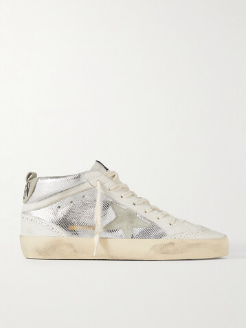 Golden Goose Mid Star distressed suede-trimmed metallic snake-effect leather sneakers