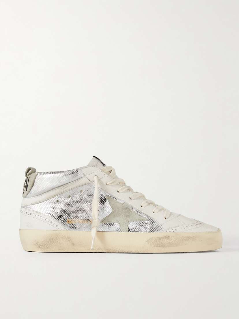 Golden Goose Mid Star Distressed Suede-trimmed Metallic Snake-effect Leather Sneakers