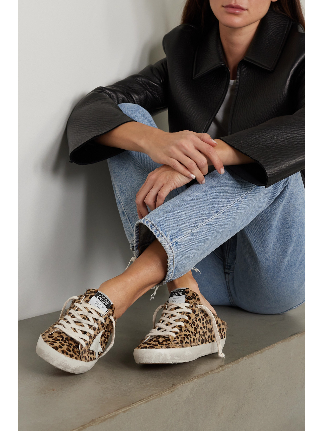 Golden Goose Super-star Sabot Distressed Leopard-print Calf Hair Slip-on Sneakers In Brown