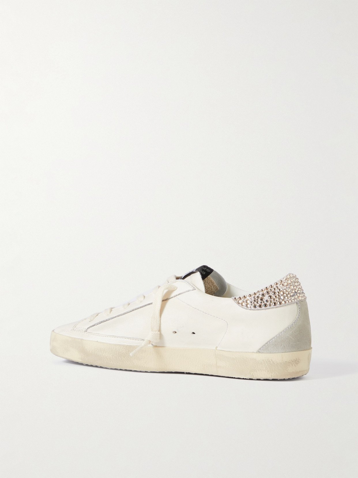 Shop Golden Goose Super-star Crystal-embellished Velvet-trimmed Distressed Leather Sneakers In White